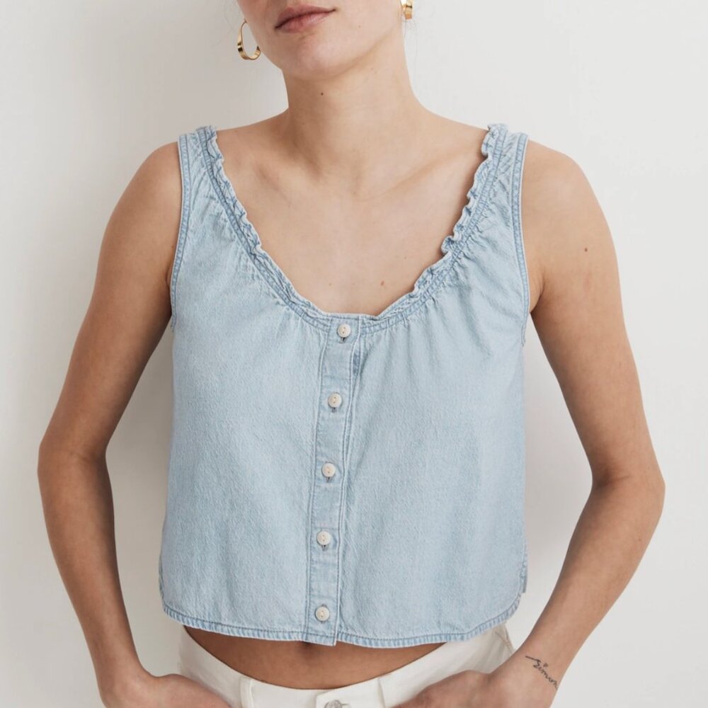 Madewell Denim Ruffled U-Neck Crop Top - Picture 2 of 8